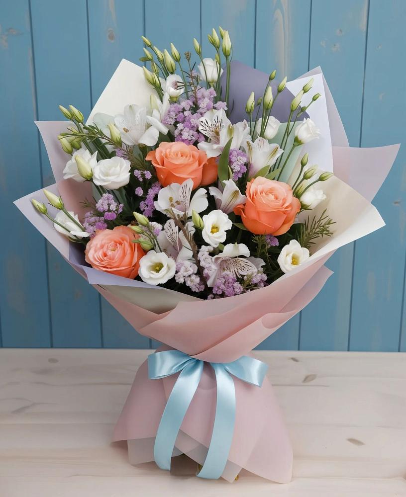 Букет цветов из: Лизиантусы, Розы, Альстромерии и Гипсофила в Кабаново