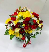 Цветочная композиция из Хризантемы и Розы в корзине в Кабаново