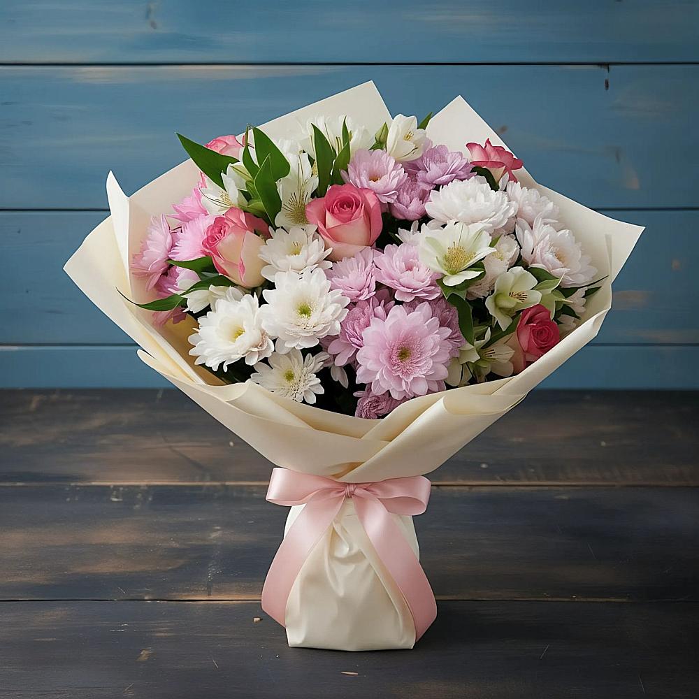 Букет цветов из: Хризантемы, Альстромерии и Розы в Кабаново